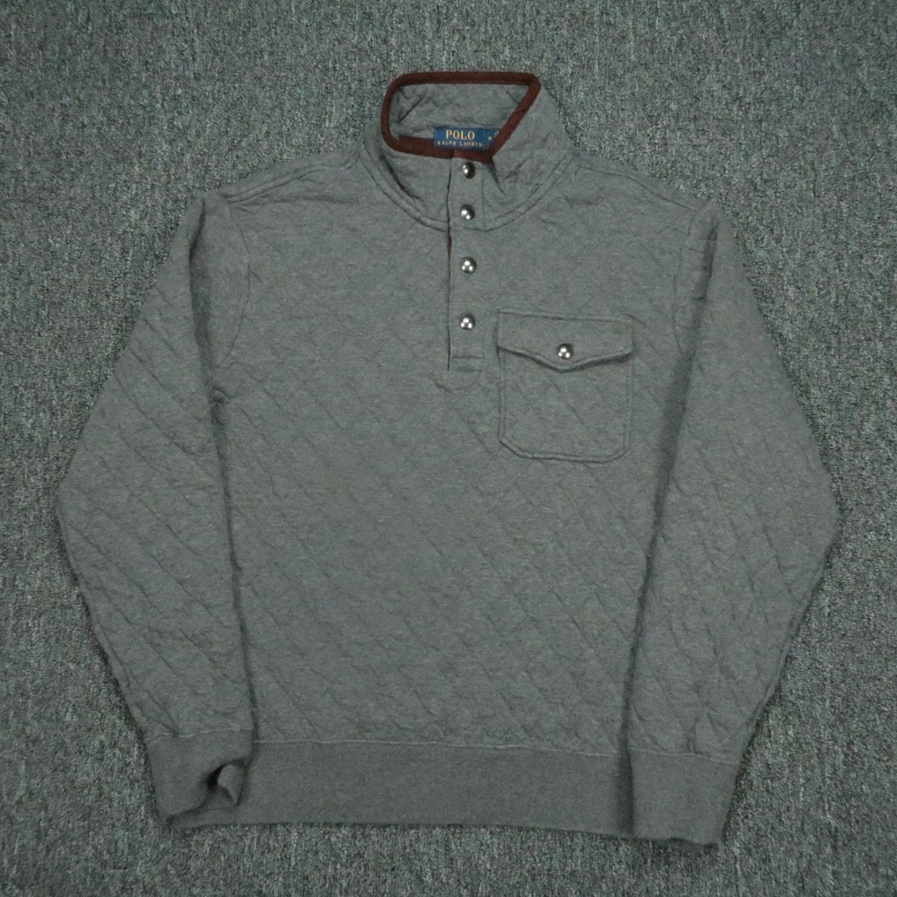Polo Ralph Lauren Pullover Mens Medium Gray‎ Quilted Snap Fleece Long Sleeve